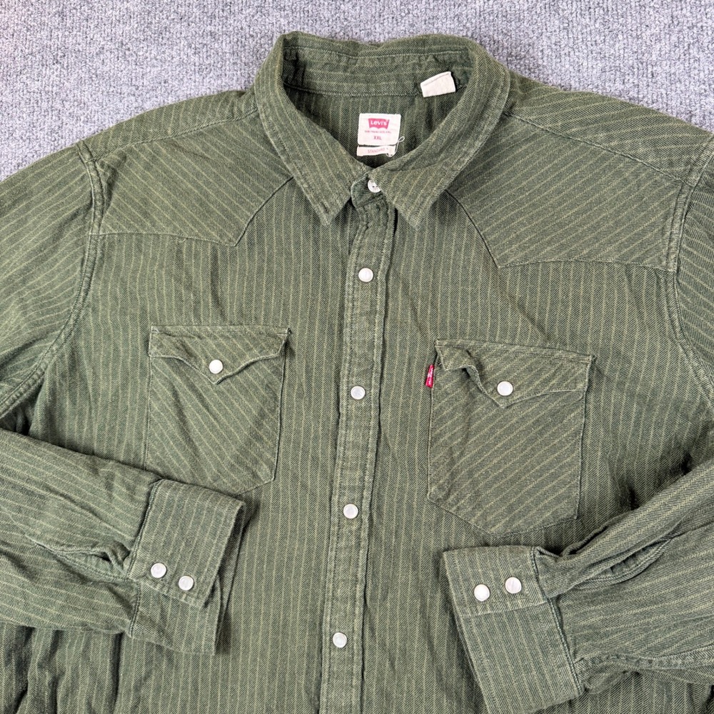 Levis Shirt Mens 2XL Green Striped Pearl Snap Western Cowboy Long Sleeve